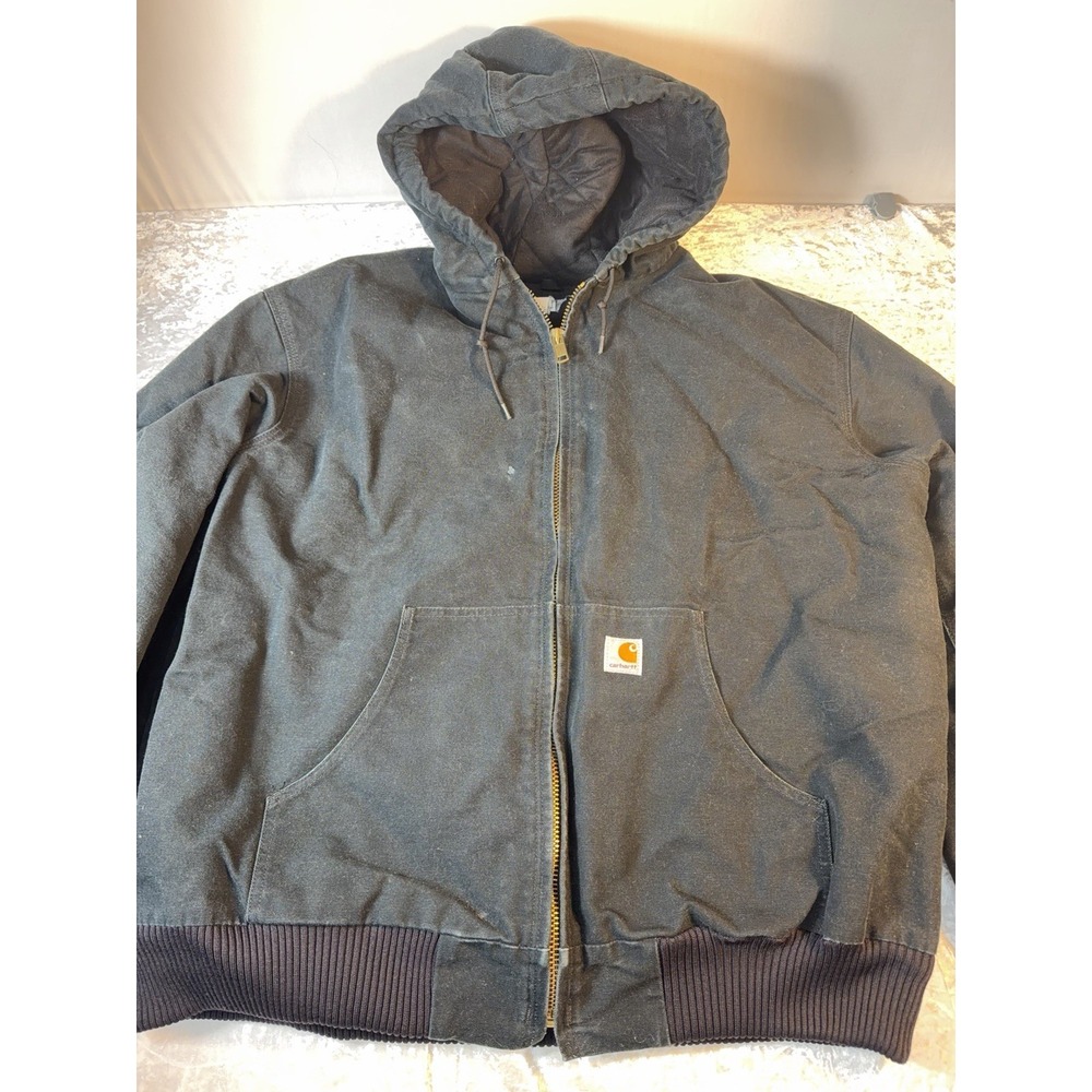 Carhartt Jacket Mens 2XL Black Quilted Lined Hooded Duck Canvas Workwear